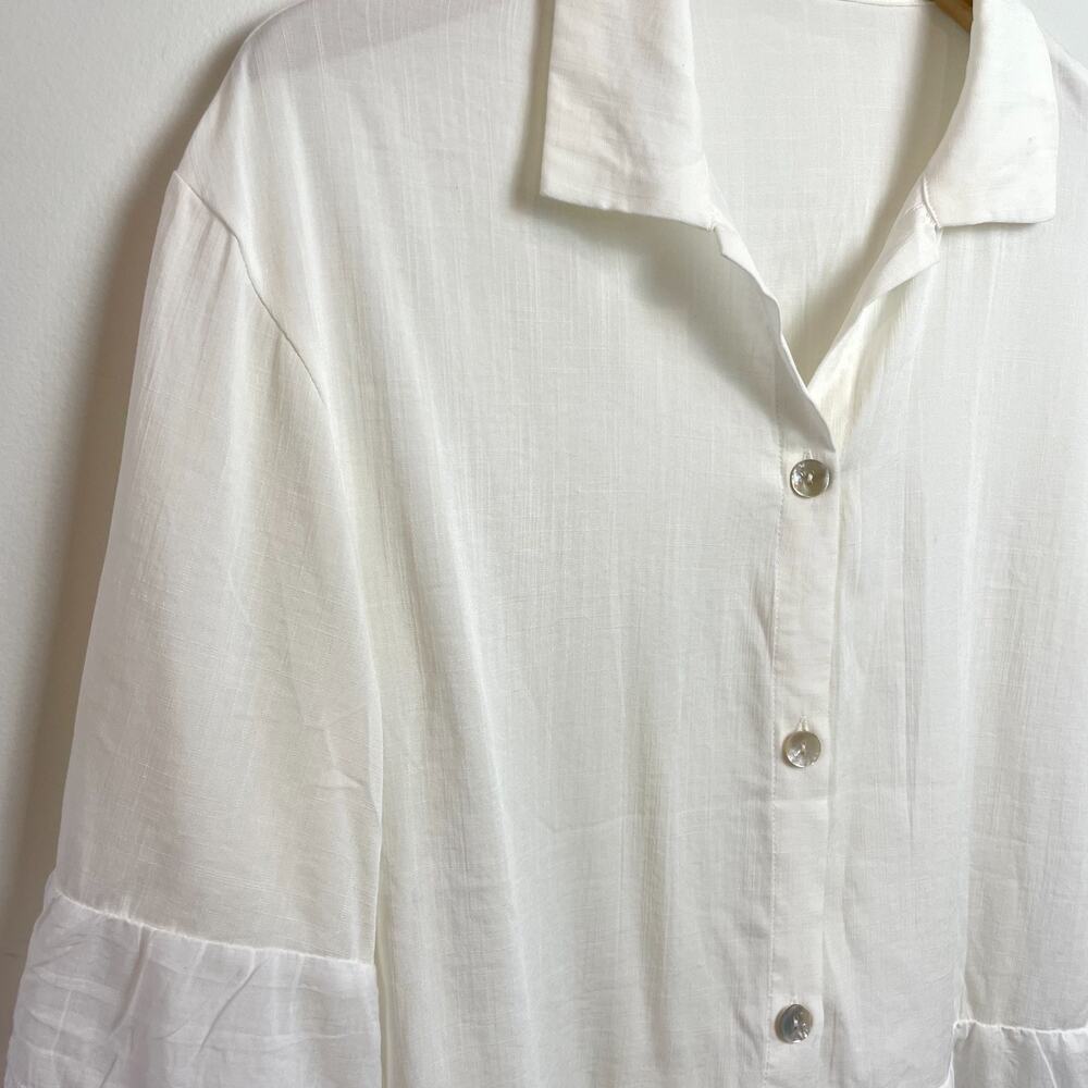 White Rayon Button Up Shirt Open Stitch Crochet Lace Boho Minimalist Flowy Boxy - Picture 2 of 7